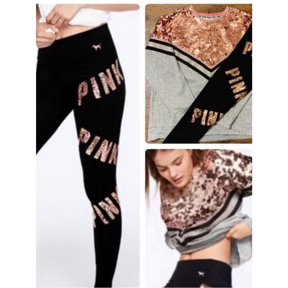 VS PINK ROSEGOLD BLING SWEATER/ YOGA LEGGINGS OUTFIT M